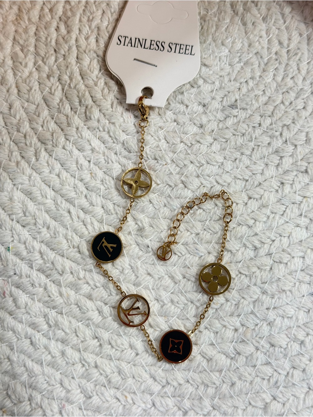 Gold and Black Enamel Monogram Stainless Steel Charm Adjustable Bracelet | NEW - Picture 3 of 10